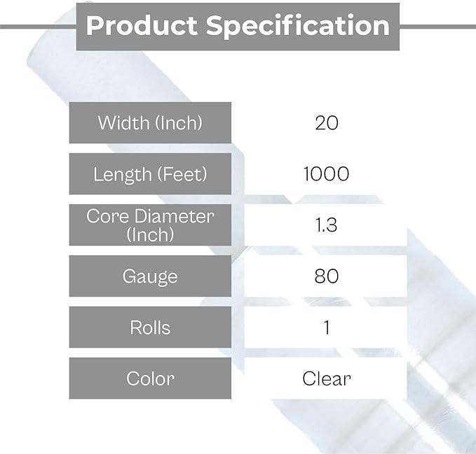 Pallet Wrap Stretch Film, Extended Core Handle, Clear, 20 Inch x 1000 Feet, 80 Gauge, 1 Pack Clear Plastic Cling with Extended Core Handles for Pallets Moving & Storing
