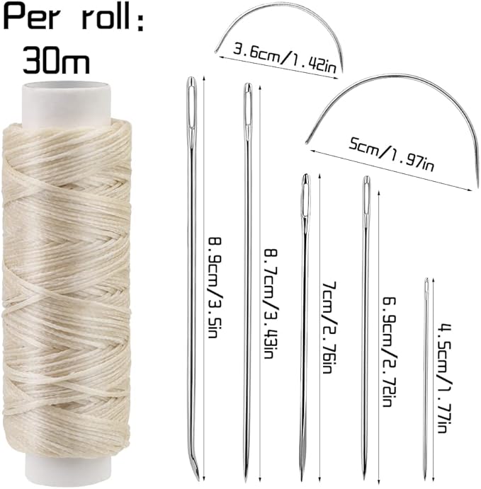 Ftyiwu Waxed Thread with Leather Hand Sewing Needles 32 Yards, 150D Flat Sewing Waxed Thread, and Leather Repair Needles for Home Upholstery Carpet Canvas Repair (Beige)