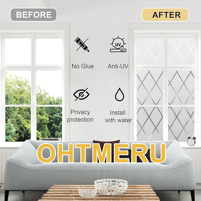 Window Privacy Film Decorative for Front Door, Bathroom Static Cling Stained Glass Sticker Opaque Heat Control UV Blocking Non-Adhesive for Home,Grid 35.4 x 78.7 inches