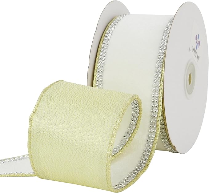 MEEDEE Gold & White Velvet with Rhinstone Edge Wired Ribbon 2.5 Inch Luxury Jeweled Ribbon 5 Yards Sparkling Rhinestone Trim for Christmas Tree, Garland, Wreaths, Holiday Home Decor, Wedding Decor
