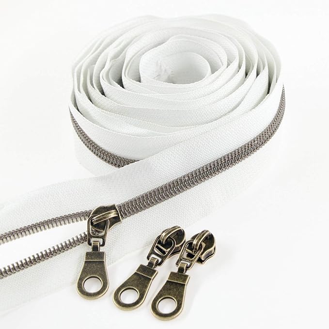 Leekayer #5 Antique Brass Metallic Nylon Coil Zippers by The Yard Bulk 10 Yards White Tape with 25pcs Antique Brass Sliders for DIY Sewing Tailor Craft Bag(White)