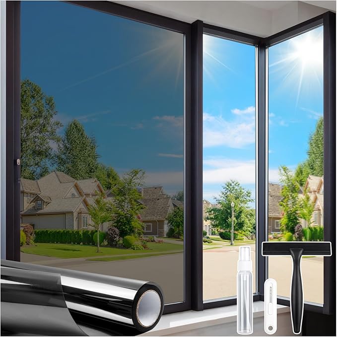 Homein One Way Privacy Window Film with Tool Window Tint for Home Film See Out Not in Heat Control Sun Blocking Mirror Reflective Anti UV Covering Static Cling No Glue Black-Sliver 23.6 x 78.7 inch