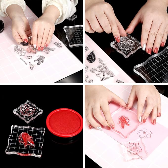 Mudder 7 Pieces Acrylic Stamp Blocks Set Clear Stamping Blocks Tools for Kids with Grid and Grip Scrapbooking Craft Making, Decorative DIY Essential Stamping Tool(Lace Edge)