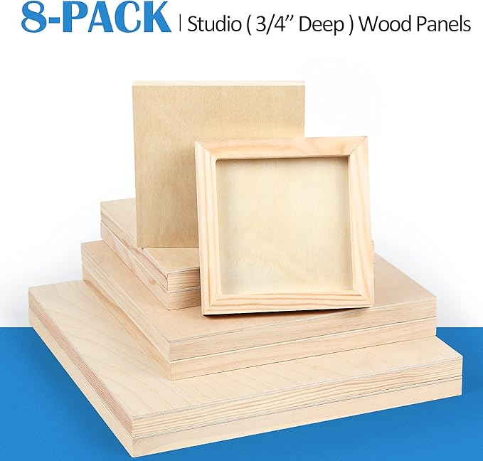 Falling in Art Unfinished Birch Wood Canvas Panels Kit, 8 Pack of 4 Sizes Studio 3/4’’ Deep Cradle Boards for Pouring Art, Crafts, Painting, and More