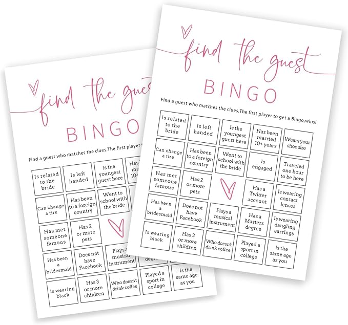 Bridal Shower Bingo, 25Pcs Prefilled Find The Guest Bingo Game Cards, Engagement Party Games for Guests, Pink Wedding Party Supplies - E17