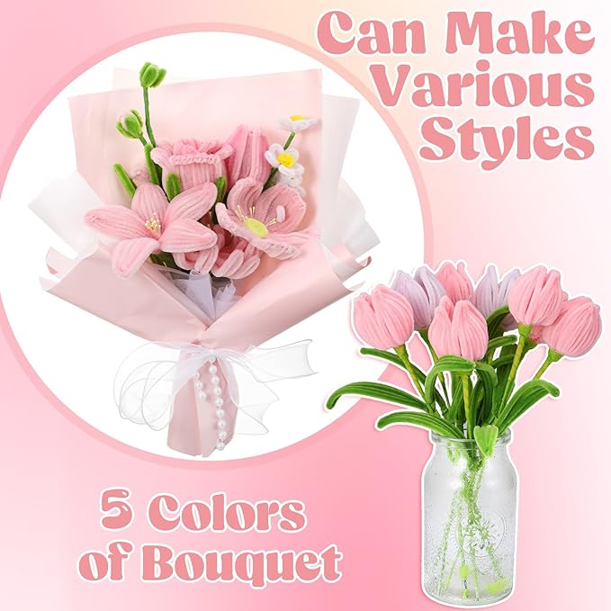 HairChrysm 250Pcs Pipe Cleaners Craft with 20Pcs 11.8in Flower Stems,100Pcs Flower Stamens,2Pcs Floral Tape,1 Roll Ribbon for DIY Pipe Cleaner Flowers