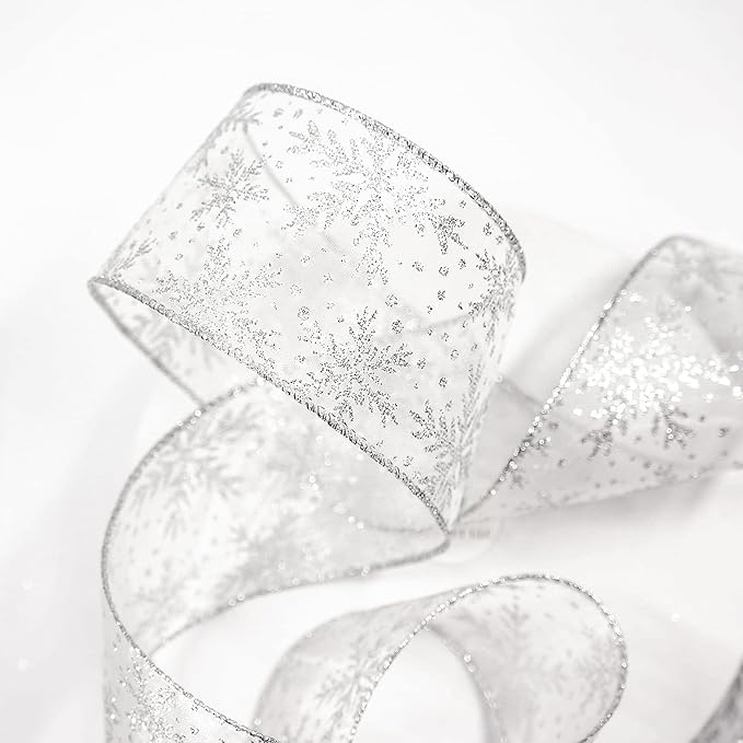 CT CRAFT LLC Organza with Silver Glitter Snowflakes Wired Ribbon 2.5 inch x 50 Yards for Christmas Home Decor Tree Topper Bow Gift Wrapping DIY Crafts Wreath Garland Wedding
