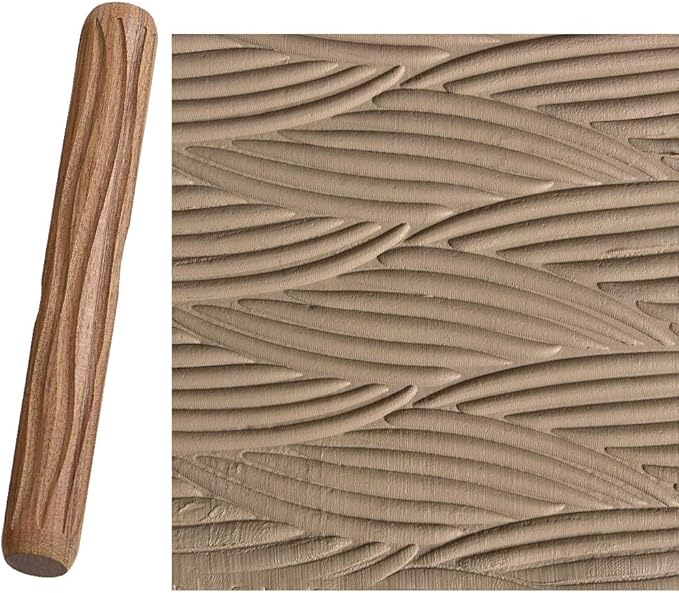 OwnMy Set of 5 Clay Modeling Pattern Rollers Kit, Fish Leaves Cobblestone Ripple Wood Grain Pattern 4.7 in Clay Rolling Pin Textured Hand Roller Wooden Handle Pottery Tools Set