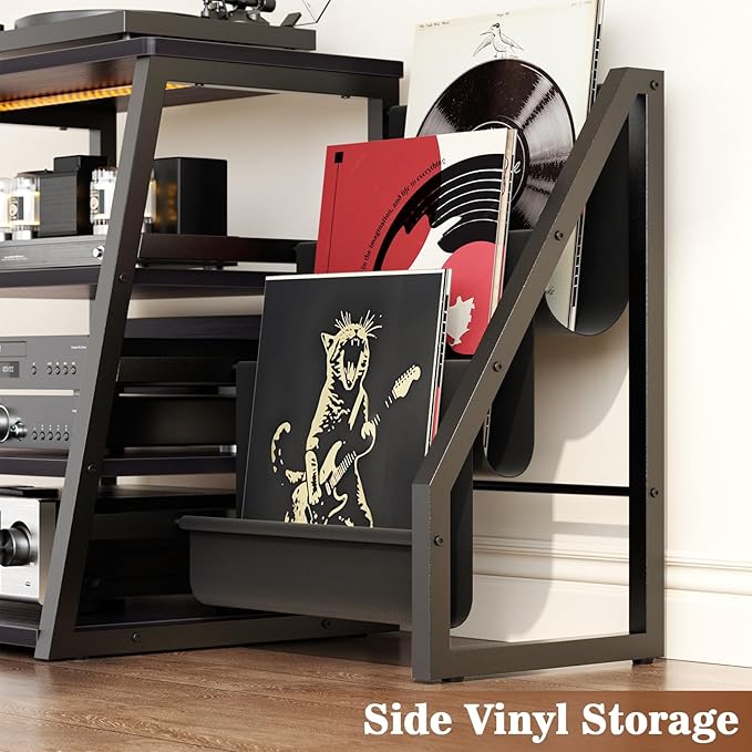 AV Media Stand with Outlets, Stereo Stands and Racks with Vinyl Storage, Stereo Stand with Record Storage, Audio Stereo Rack Cabinet, Turntable Console Stand with LED lights, 4 Tiers, Black Ebony