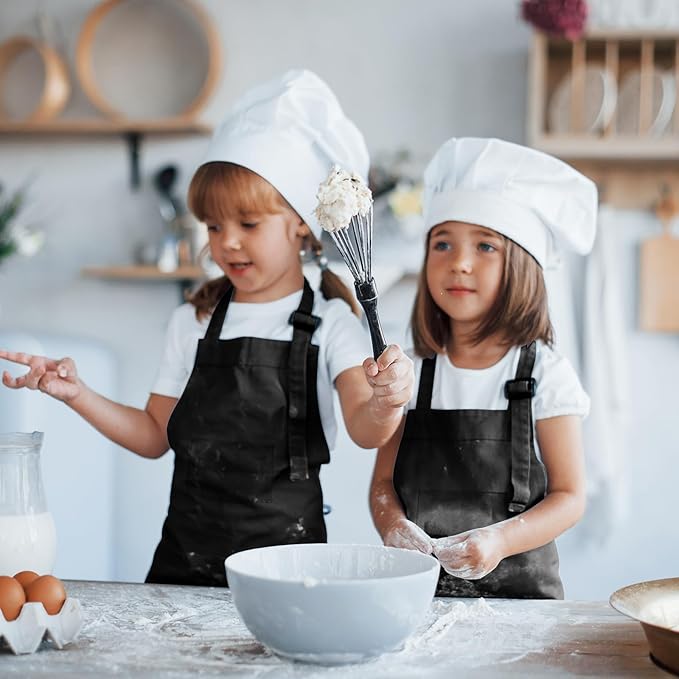 6 Pack Kids Apron bulk with 2 Pockets Adjustable Chef Art Apron Kids Painting Aprons for Cooking Baking Painting Crafting Grilling Activity（Black）