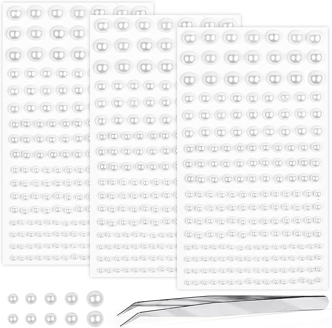 Self Adhesive Face Gems and Pearls for Makeup, Festival Jewels, Hair Gems Pearls, 3/4/5/6/8 mm Round Rhinestone Stickers for Face, Eye, Makeup, Body, Crafts 591Pcs (04_White Pearl)