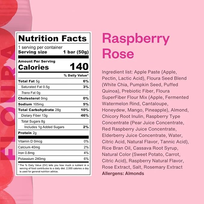 Floura Raspberry Rose Fruit-Forward Fiber Bars– High Fiber, Vegan, Gluten & Dairy Free, Low Calorie Healthy Snack Bars with Upcycled Produce for Gut Health [10 Pack]