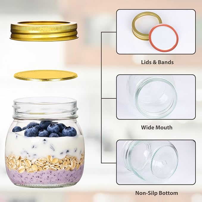 Mason Jars 8 oz 6 Pack with Golden Lids & Bands, 8 oz Glass Jars with Lids with Stickers, Tags and Jute Twine for Spice Storage, Crafts, Wedding Decor