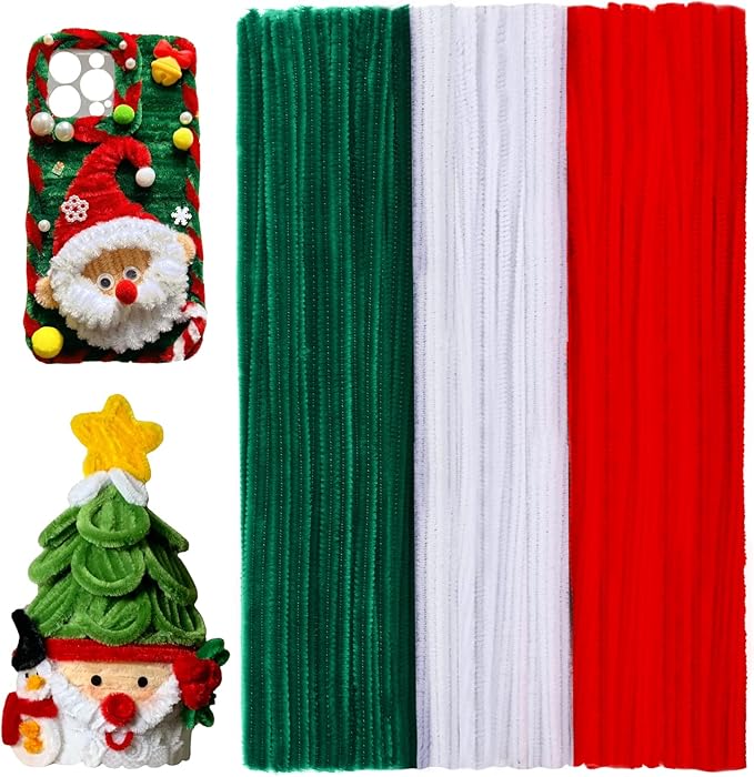 120 Pieces Pipe Chenille Stems, Christmas Solid Color Pipe Cleaners Set for DIY Arts Crafts Decorations (Red+Green+White)
