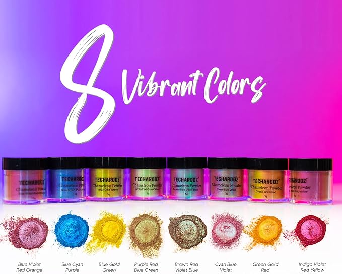 TECHAROOZ Chameleon Mica Powder 8 Color Shift Mica Powder, Holographic Glitter for UV & Epoxy Resin Supplies, Eyeshadow, Acrylic Paint, Nail Decor, Slime, Soap Making, Candles, Bath Bombs, Cosmetics