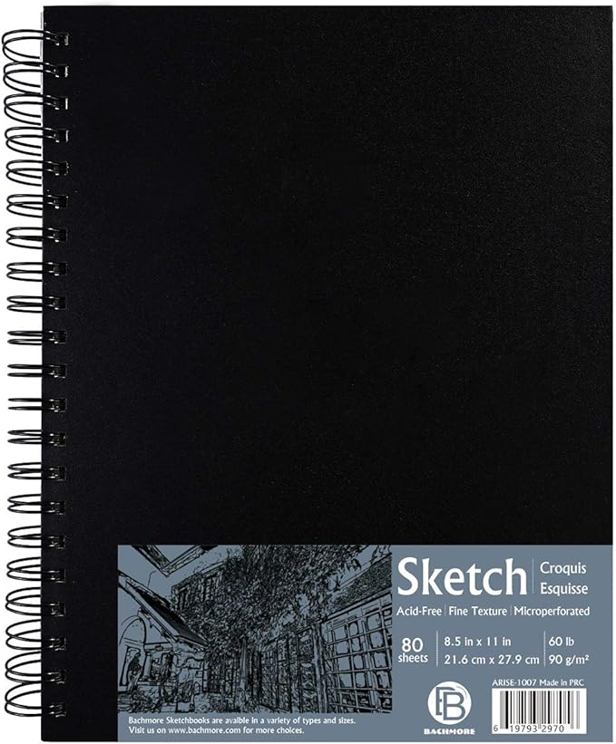 Bachmore 8.5"x11" Hardbound Sketchbook, Left Spiral Sketch Pad with Hardcover, Perforated and Durable Acid Free Drawing Paper, Ideal Art for Kids & Adults, Artist Pro & Amateurs