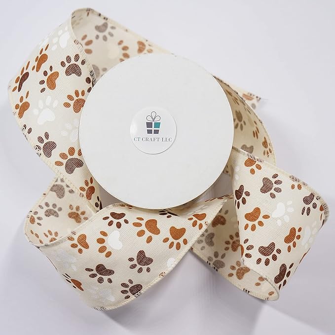 CT CRAFT LLC Ivory Canvas Dog Paw Wired Ribbon 2.5 Inch x 10 Yards for Christmas Home Decor Tree Topper Bow Gift Wrapping DIY Crafts Wreath Garland