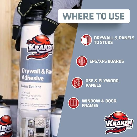 KRAKEN BOND Drywall & Panel Adhesive Foam - (1x24oz) Heavy-Duty, Fast-Curing Construction Adhesive for Concrete, Wood, and Heat Insulation Applications - 1 Pack