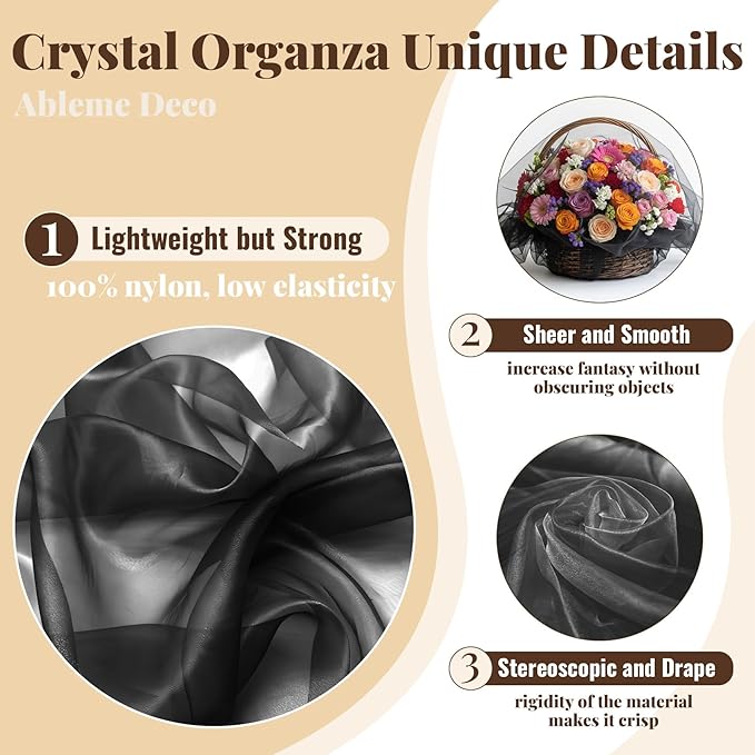 Organza Fabric by The Yard, 60 Inch Wide 10 Yards (30 ft) Extra Long Sheer Fabric for DIY Sewing Projects Window Scarf Wedding Decorations Party Backdrops Curtains (Black)