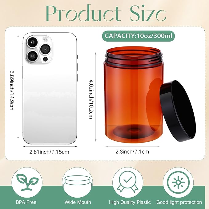 SATINIOR 24 Pieces Empty Clear Plastic Jars with Lids Round Storage Containers Wide Mouth for Beauty Product Cosmetic Cream Lotion Liquid Butter Craft and Food(Amber Lid,10 oz)