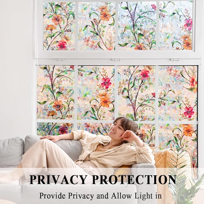 Stained Glass Window Film Static Cling Door Privacy Film Decorative Flowers Green Leaves Window Decals Stickers Heat Control Anti UV for Home and Office,17.5 inches by 78.7 inches