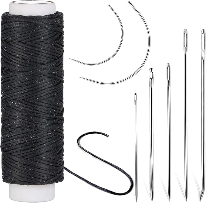 Ftyiwu Waxed Thread, Upholstery Needle and Thread 32 Yards with 7PCS Hand Sewing Needles for Home Upholstery Carpet Canvas Repair Leather Sewing (Black)