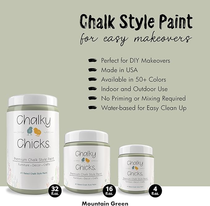 Chalky Chicks All-in-One Chalk Paint for Furniture or Cabinet -32FlOz-Matte Finish Mountain Green (Sage Green) for Metal, Wood Furniture Paint - No Sanding All-in-One for Home Decor & Crafts, USA Made