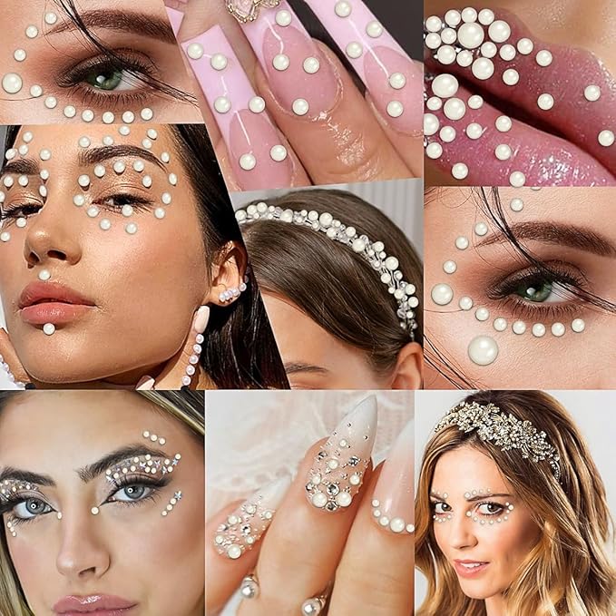 3090 Pcs 4 Sheets Pearl Rhinestone Stickers 3/4/5/6 mm Self Adhesive Craft Rhinestones Gems for Face Eyes Makeup Hair Body (Beige_pearl-3/4/5/6mm)