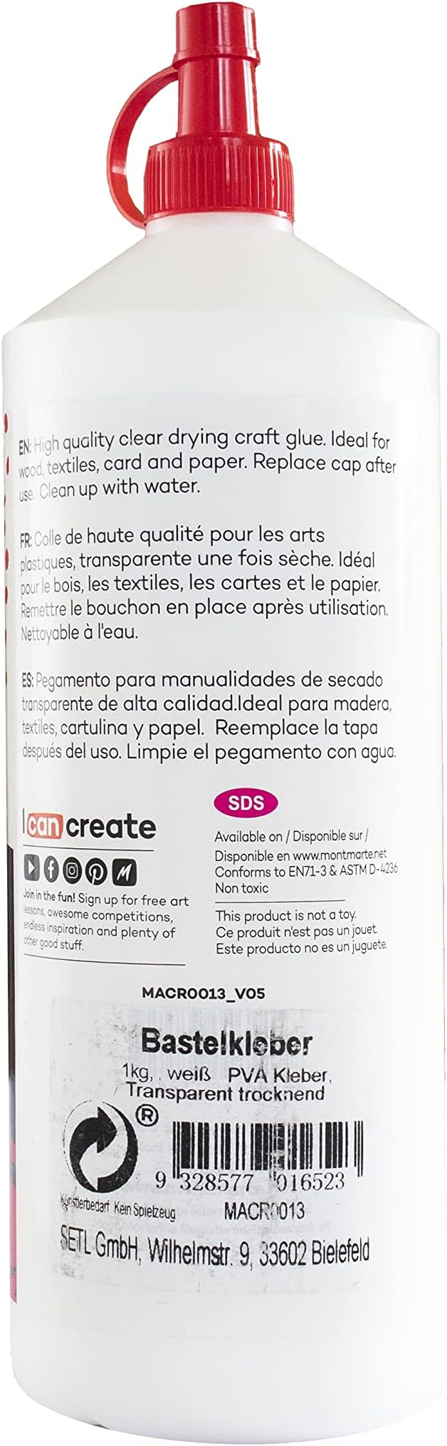 Mont Marte PVA Glue Craft Glue, Fine Tip 1L
