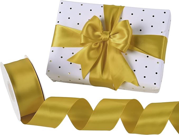 Gold Satin Ribbon 1-1/2" X 50 Yards Solid Color Double Faced Ribbons Perfect for Crafts Wedding Decor Bow Making Arts Sewing and More
