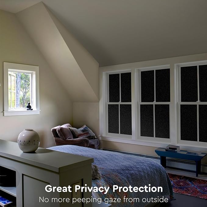 Kromapolis Blackout Window Privacy Film Total Light Blocking Room Darkening Window Covering, Removable Static Cling Frosted Glass Tint, Non-Adhesive, Black 45.2'' x 157.4''