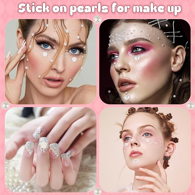 4366 PCS Self Adhesive Pearl Stickers，Pearl Stickers for Crafts Kids，Assorted Sizes & Shape Stick on Pearls for Hair, Face, Makeup, Eye 3mm/4mm/5mm/6mm/8mm/10mm/Rose/Heart Shape