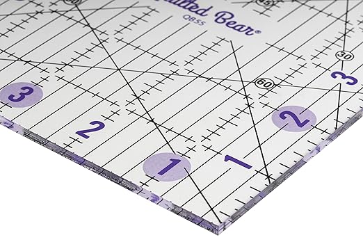 The Quilted Bear Quilting Rulers - Transparent Acrylic Non Slip Quilting, Patchwork & Sewing Ruler with Clear Black Lines & 30, 45 & 60 Degree Angles for Perfect Accuracy & Precision (5" x 5")