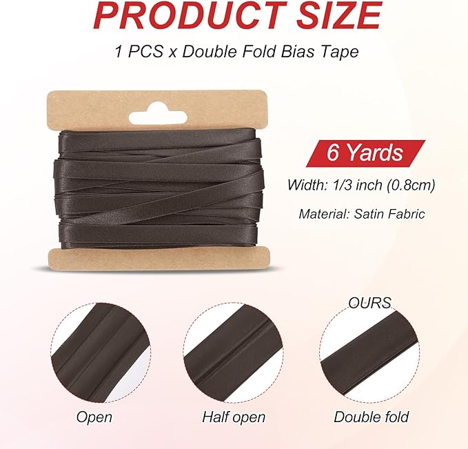 MECCANIXITY Double Fold Bias Tape for Sewing 1/3 Inch x 6 Yards Satin Pre-fold Continuous Binding Tape for Seaming Quilting Hemming Binding DIY Crafts, Dark Brown