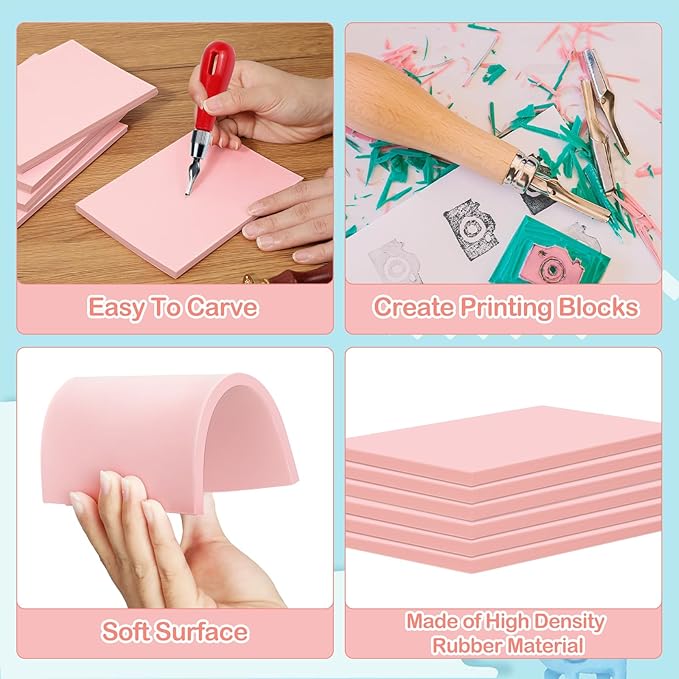 Frienda 50 Pack Rubber Carving Blocks 4 x 6 Inch, Rubber Stamp Carving Blocks for Printmaking, Printing, DIY Craft Project, Soft Block Stamp for Beginners and Professional(Pink)