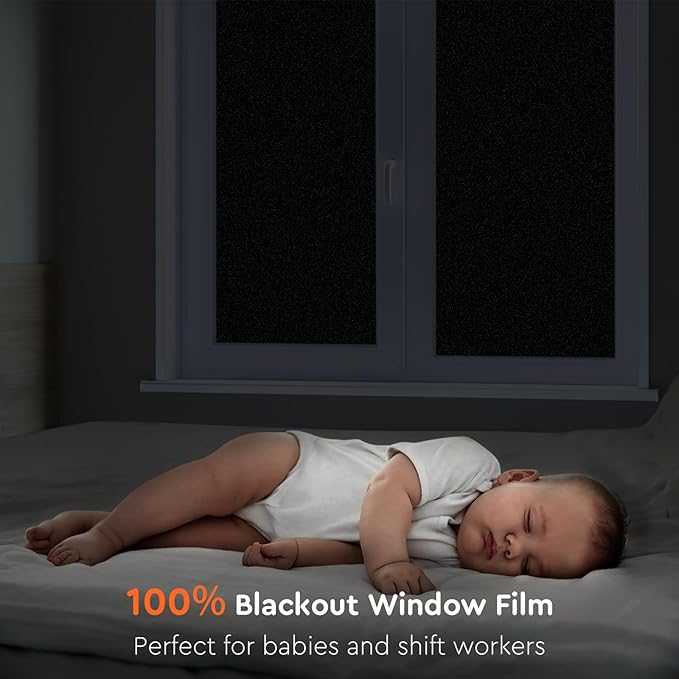 Kromapolis Blackout Window Privacy Film Total Light Blocking Room Darkening Window Covering, Removable Static Cling Frosted Glass Tint, Non-Adhesive, Black 45.2'' x 236.2''
