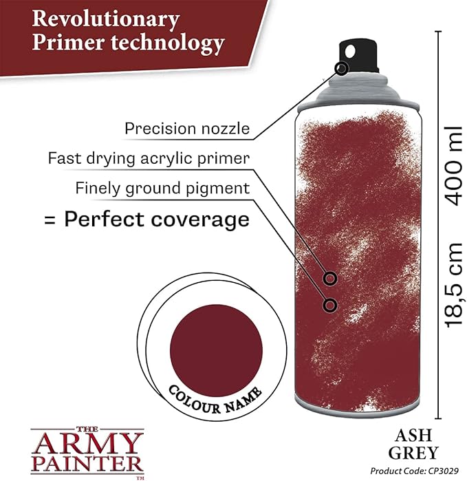 The Army Painter Colour Primer Ash Grey, 400 mL Acrylic Spray Primer, Spray Paint for Miniature Priming Basecoat, Tabletop Roleplaying, Boardgames, and Wargames Miniature Modelling