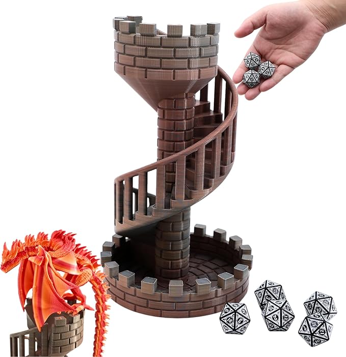 Wyvern Castle Dice Tower (with 5 polyhedral dice and a Dragon) for Table Games, D&D & RPG Games, Perfect Table Decoration and Party Surprise Gifts (Red Gold)
