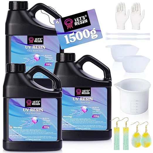 LET'S RESIN UV Resin, 1500g Odorless, Low Shrinkage, Clear Ultraviolet Epoxy Resin with Silicone Measuring Cups, for Jewelry, Molds, Craft Decoration