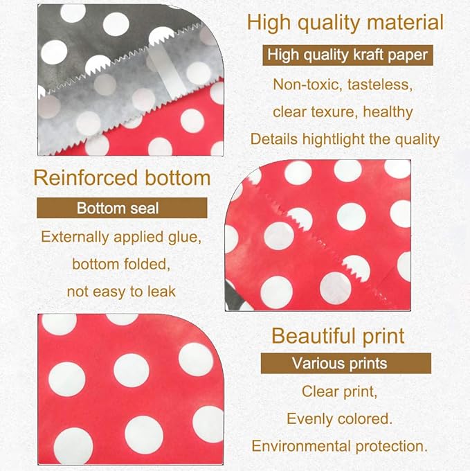 KEYYOOMY 200 Pcs Red and Black Candy Buffet Bags Small Cookie Bags Polka Dot Paper Treat Bag for Wedding Birthday Party (5 inch x 7 inch)