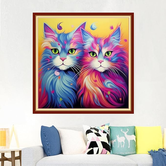 Foxdiviy Stamped Cross Stitch Kits Full Range of Embroidery Needlework Starter Kits for Beginners Adults 11CT Embroidery Patterns Art Crafts DIY Needlepoint Kits-Colorful Cat 18x18 inch, ColourKits28