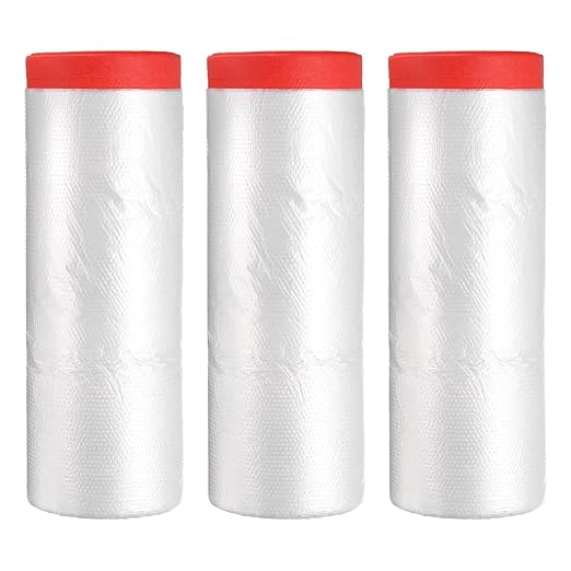 uxcell Pre-Taped Masking Film, 7.9ft x 66ft High-Tack Painters Tape Plastic Drop Cloth with High-Tack Painters Tape for Painting Protection Red 3Pcs