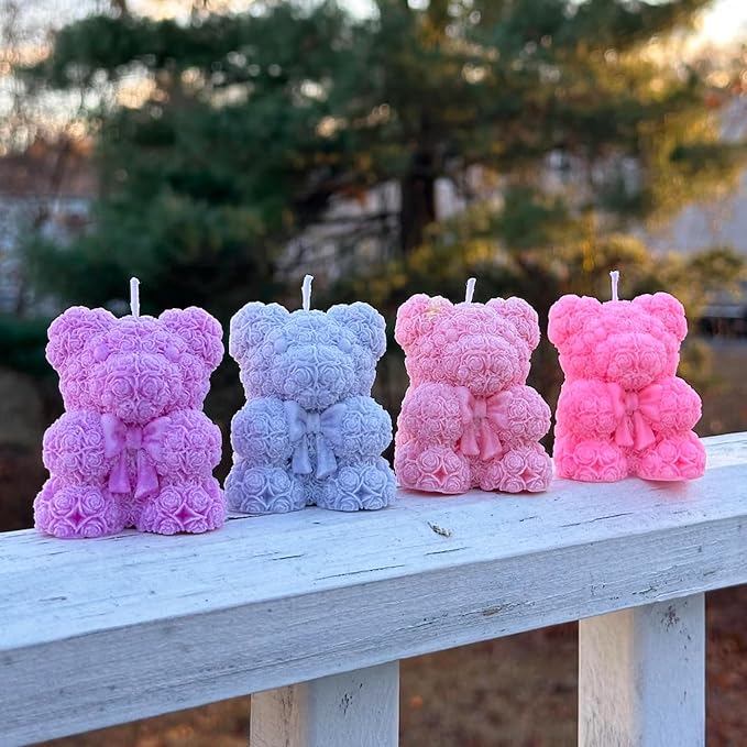 2PCS Rose Bear Silicone Mold,3D Teddy Bear Candle Making Molds,Silicone Epoxy Resin Mould,Ornament for DIY Wax Candle Art Craft Cake Chocolate Home Decor Valentine Gifts Birthday Gift（MINI）