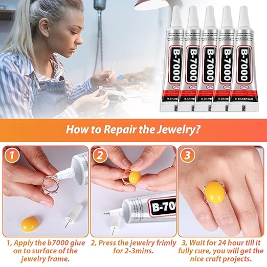 B7000 Clear Adhesive with Precision Tips, 5 PCS B-7000 Jewelry Bead Glue for Diamond Rhinestone Applicator Tools Set - Strength Adhesive for Nail Art DIY Crafts Clothes Shoes Bags