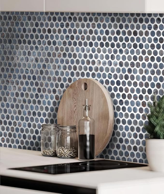 Denim Blue Penny Round Mosaic Glass Tile – 12.2 x 12.2 Inch - 10 Sheet Pack - Luxurious Design for Bathroom Walls, Kitchen Backsplash, Shower Walls - Elegant Wall Decor - NOT Peel and Stick Tile