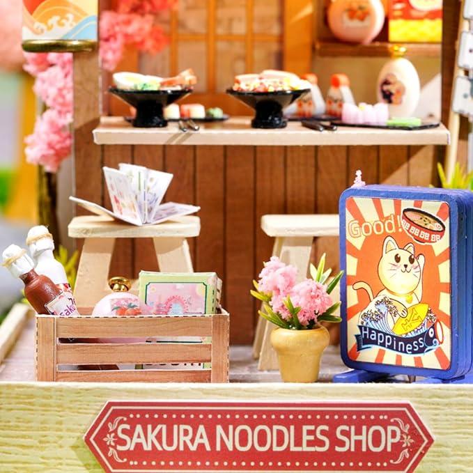 DIY Miniature House Kit, Mini House Building Kit with LED & Dust Cover, DIY Wooden Dollhouse Miniature Kit for Adults Teen, Wooden Crafts Lovely Dollhouse Kit, Sakura Noodle Shop