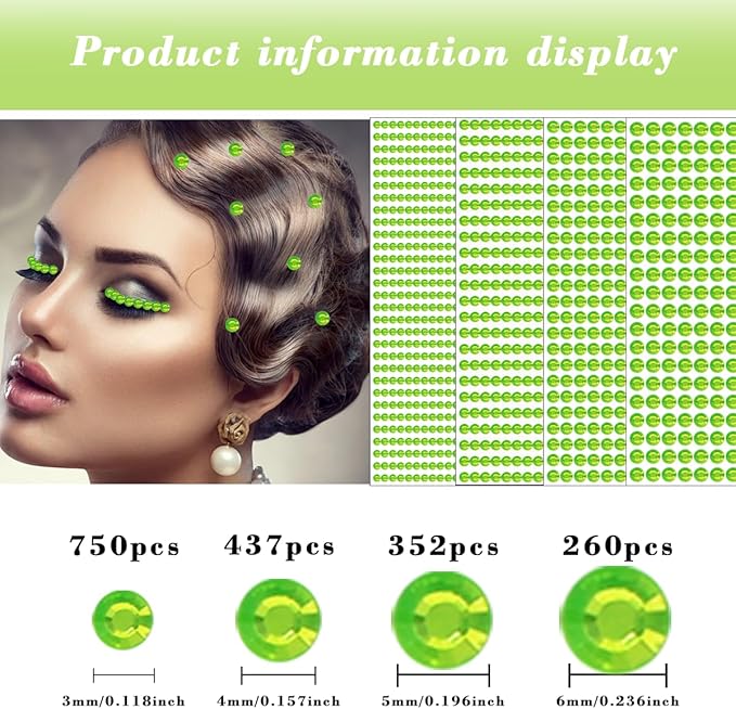 1799 Pcs 4 Sheets Rhinestone Stickers 3/4/5/6 mm Self Adhesive Rhinestones Gems for Face Eyes Makeup Hair Body (green-3/4/5/6mm)
