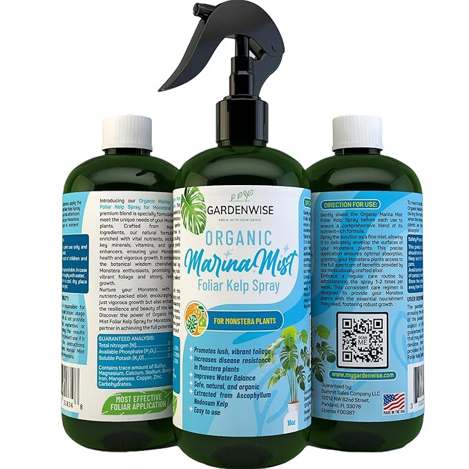 Organic Marina Mist Foliar Spray for Monstera, Philodendron, Elephant’s Ear and Other Tropical Houseplant | Liquid Fertilizer | Micro Nutrients for Vital Health | Liquid Plant Food (16 OZ)
