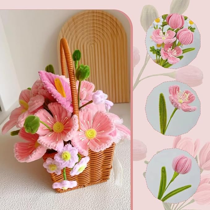 500 Pcs Pipe Cleaners Craft，5 Colors Pipe Cleaners Bulk,Chenille Stems Flowers Craft kit for DIY Handmade Bouquet Wrapping Party Decorations whit Ribbons，Stems,Tape，Stamens, Glue Sticks (Pink)