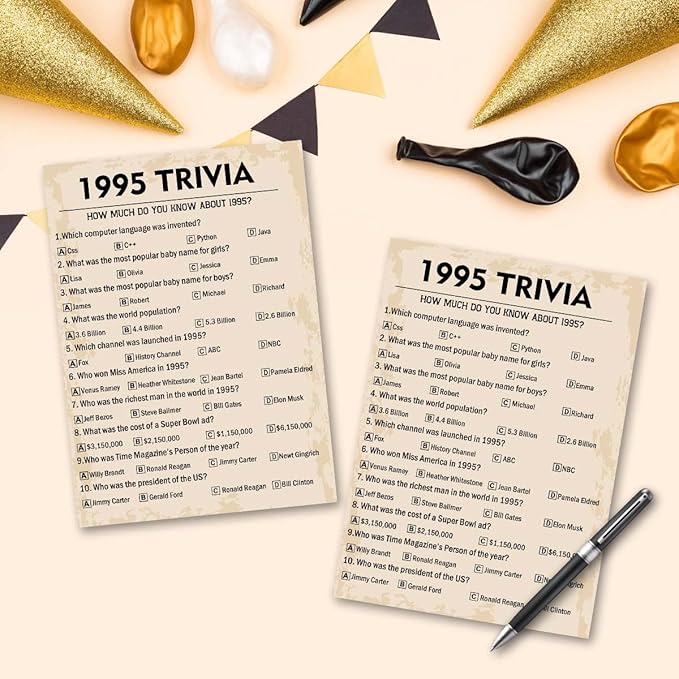 QUPT 30th Birthday Party Games, 1995 Trivia Games, Birthday Party Supplies for Adults, Fun 1995s Party Game，Pack of 30 Cards
